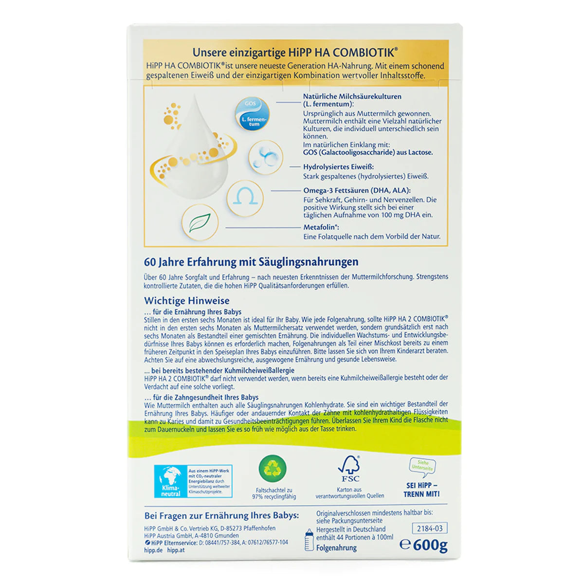 HiPP HA Germany Hypoallergenic Stage 2 Combiotik Infant Milk Formula 6+ months • 600g