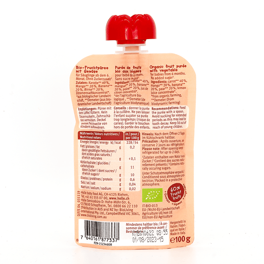 Holle Carrot Cat: Carrot, Mango, Banana & Pear (6+ Months) - 6 Pouches - Emmbaby Canada