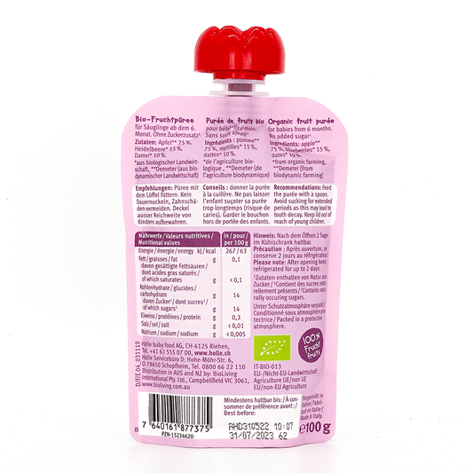 Holle Dino Date: Apple, Blueberries & Dates (6+ Months) - 6 Pouches - Emmbaby Canada