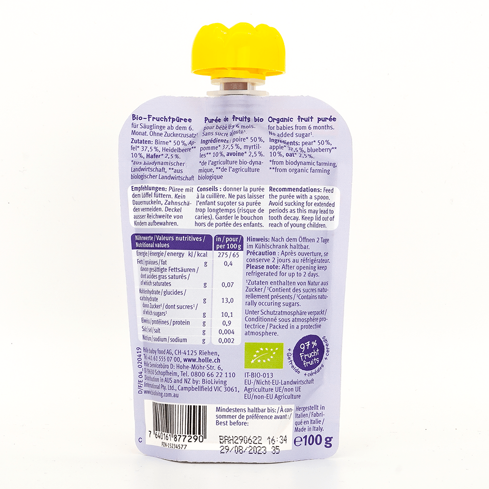 Holle Blue Bird: Pear, Apple & Blueberries with Oats (6+ Months) - 6 Pouches - Emmbaby Canada