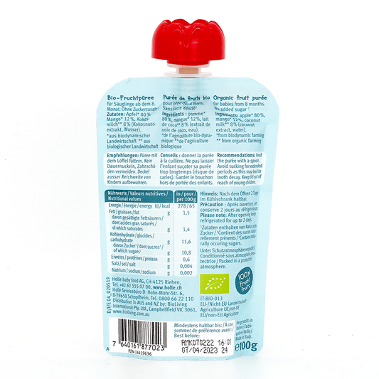 Holle Croco Coco: Apple & Mango with Coconut (8+ Months) - 6 Pouches - Emmbaby Canada